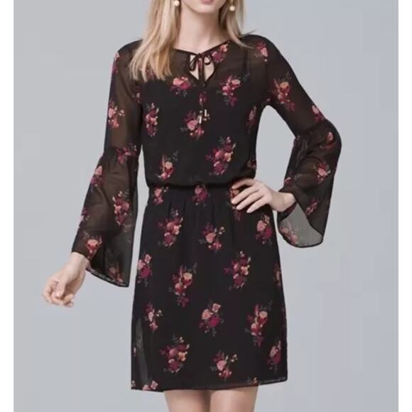 White House Black Market Bell Sleeve Floral Print Mini Dress L Black Pink Boho